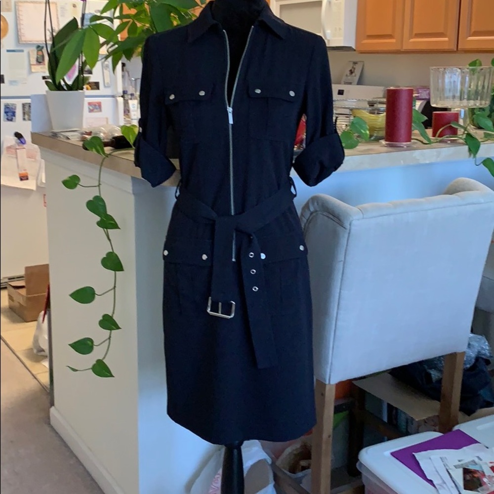 Michael Kors Navy Blue Zipup Belted Dress